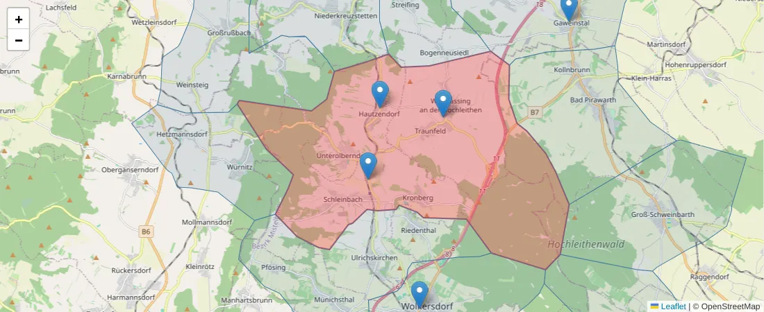 Karte des Postleitzahlen Bereichs  und der umliegenden Postleitzahlen in Deutschland