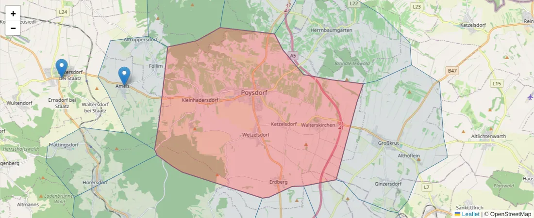 Karte des Postleitzahlen Bereichs  und der umliegenden Postleitzahlen in Deutschland