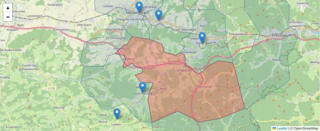 Karte des Postleitzahlen Bereichs  und der umliegenden Postleitzahlen in Deutschland