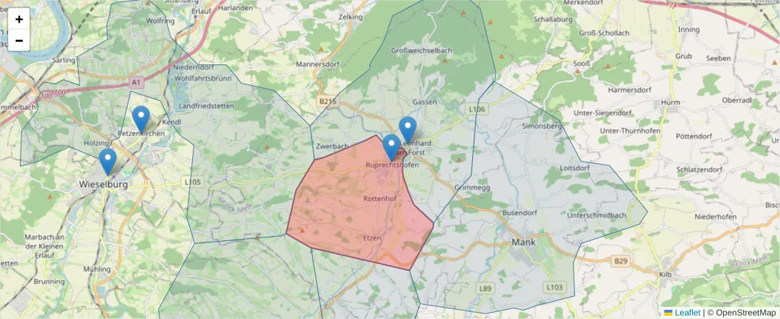 Karte des Postleitzahlen Bereichs  und der umliegenden Postleitzahlen in Deutschland