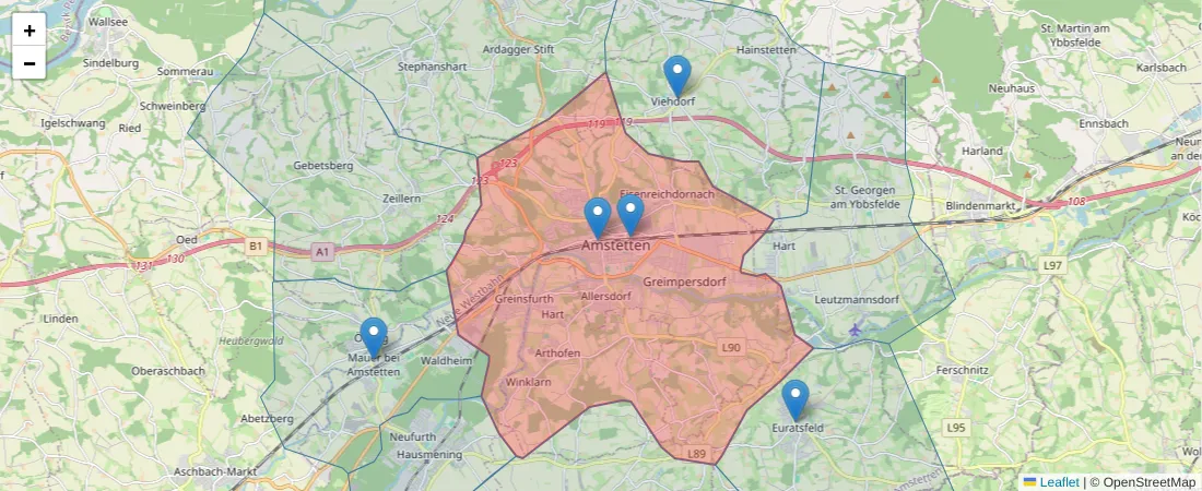Karte des Postleitzahlen Bereichs  und der umliegenden Postleitzahlen in Deutschland