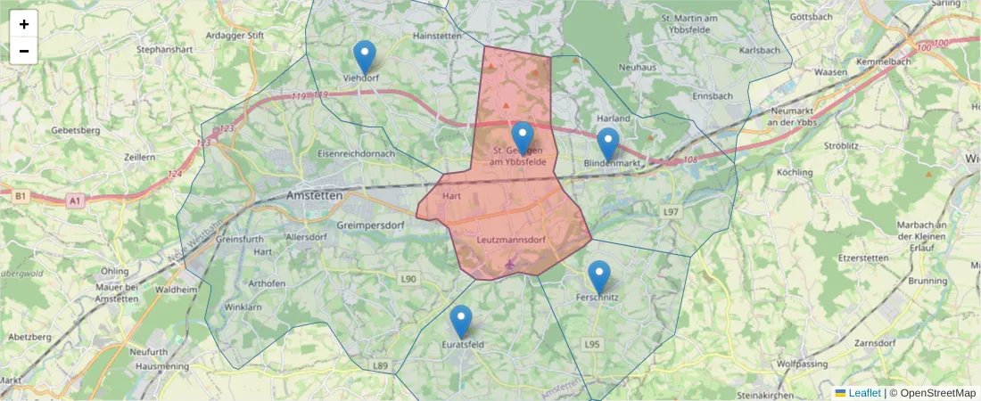 Karte des Postleitzahlen Bereichs  und der umliegenden Postleitzahlen in Deutschland