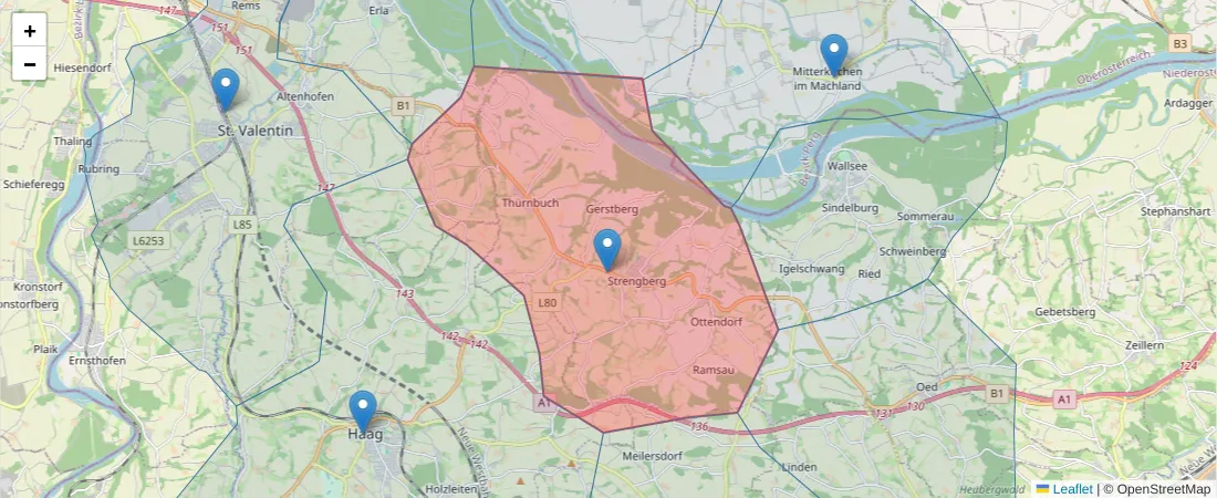Karte des Postleitzahlen Bereichs  und der umliegenden Postleitzahlen in Deutschland