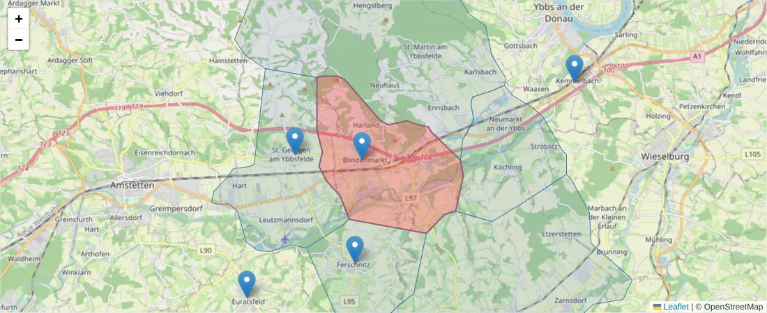 Karte des Postleitzahlen Bereichs  und der umliegenden Postleitzahlen in Deutschland