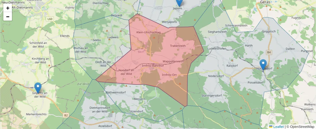 Karte des Postleitzahlen Bereichs  und der umliegenden Postleitzahlen in Deutschland