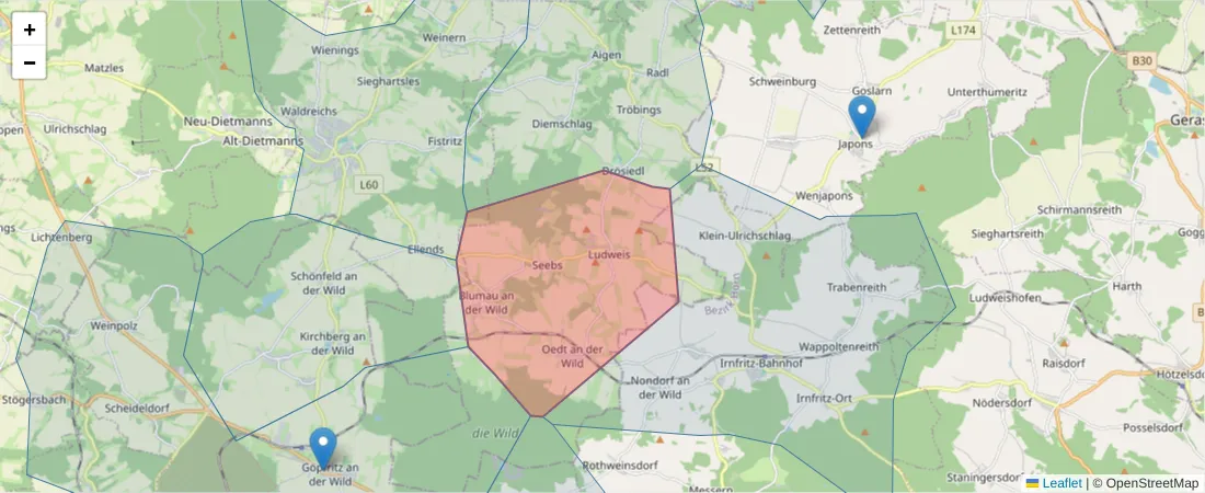 Karte des Postleitzahlen Bereichs  und der umliegenden Postleitzahlen in Deutschland