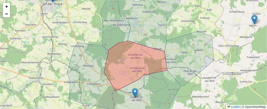 Karte des Postleitzahlen Bereichs  und der umliegenden Postleitzahlen in Deutschland
