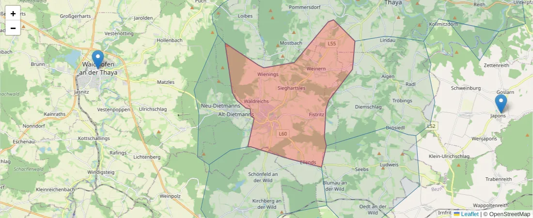 Karte des Postleitzahlen Bereichs  und der umliegenden Postleitzahlen in Deutschland