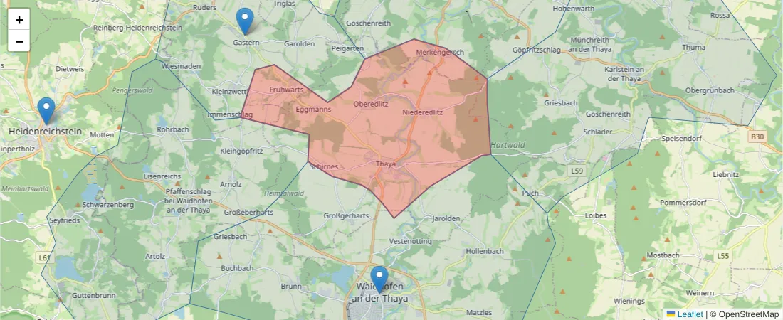 Karte des Postleitzahlen Bereichs  und der umliegenden Postleitzahlen in Deutschland