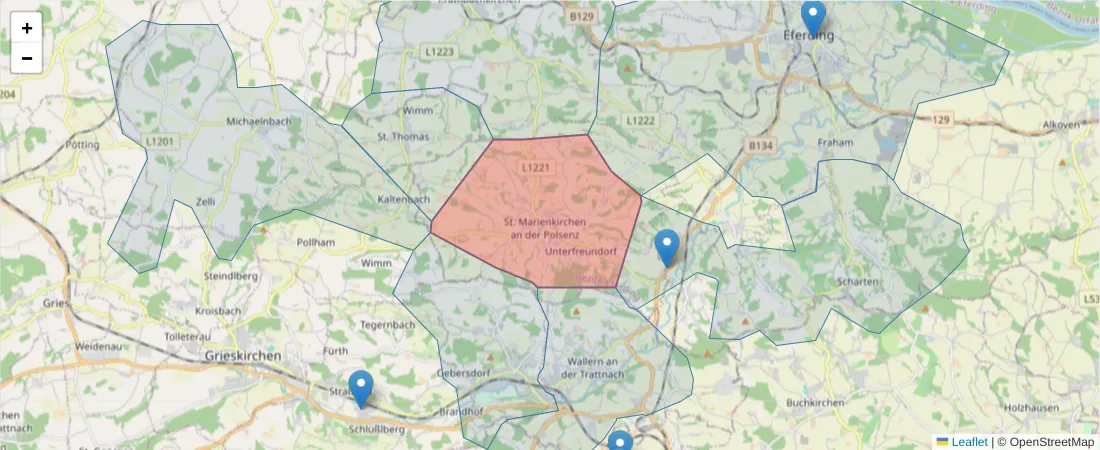 Karte des Postleitzahlen Bereichs  und der umliegenden Postleitzahlen in Deutschland