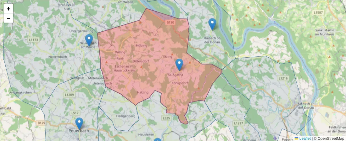 Karte des Postleitzahlen Bereichs  und der umliegenden Postleitzahlen in Deutschland