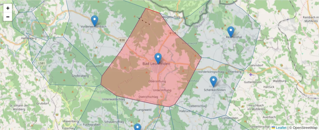 Karte des Postleitzahlen Bereichs  und der umliegenden Postleitzahlen in Deutschland