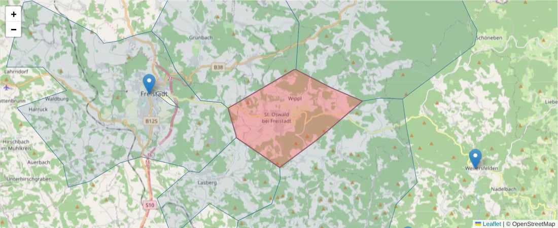Karte des Postleitzahlen Bereichs  und der umliegenden Postleitzahlen in Deutschland