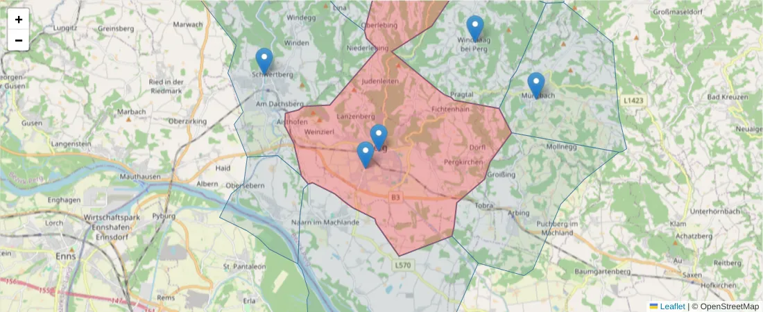Karte des Postleitzahlen Bereichs  und der umliegenden Postleitzahlen in Deutschland