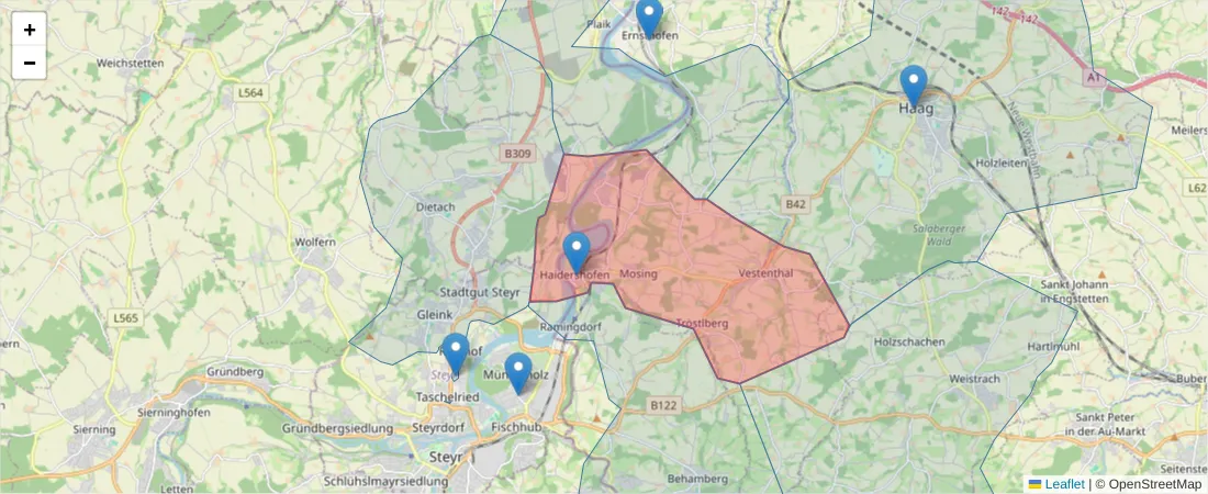 Karte des Postleitzahlen Bereichs  und der umliegenden Postleitzahlen in Deutschland