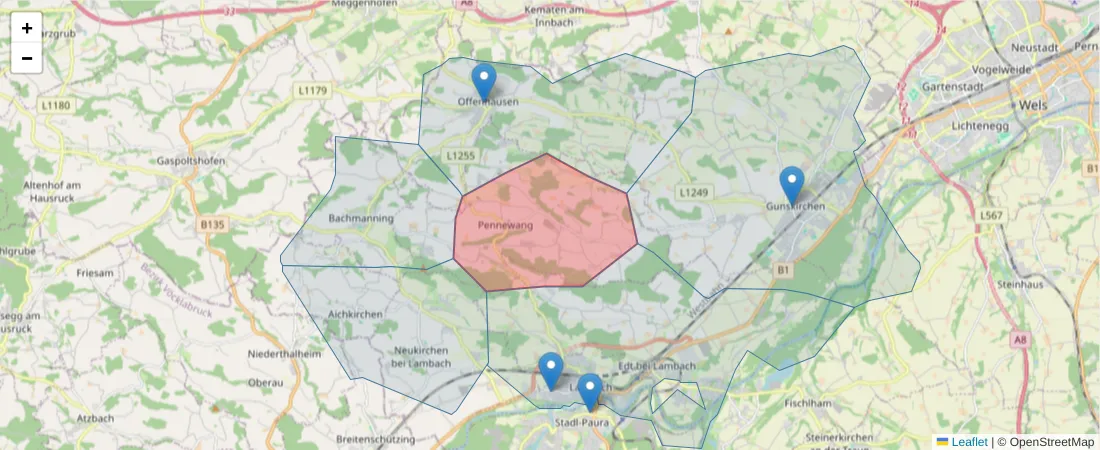 Karte des Postleitzahlen Bereichs  und der umliegenden Postleitzahlen in Deutschland