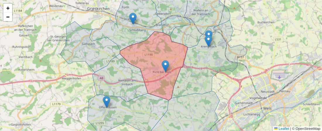 Karte des Postleitzahlen Bereichs  und der umliegenden Postleitzahlen in Deutschland