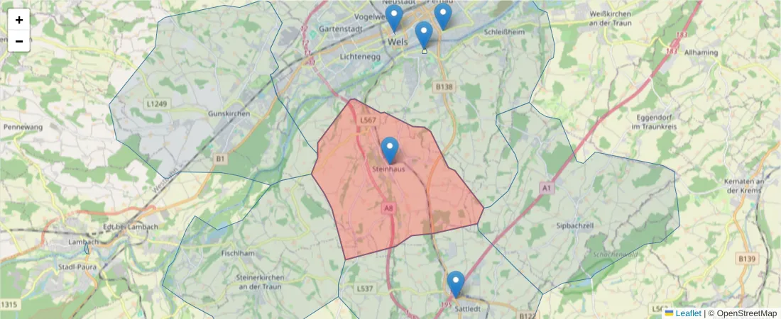 Karte des Postleitzahlen Bereichs  und der umliegenden Postleitzahlen in Deutschland
