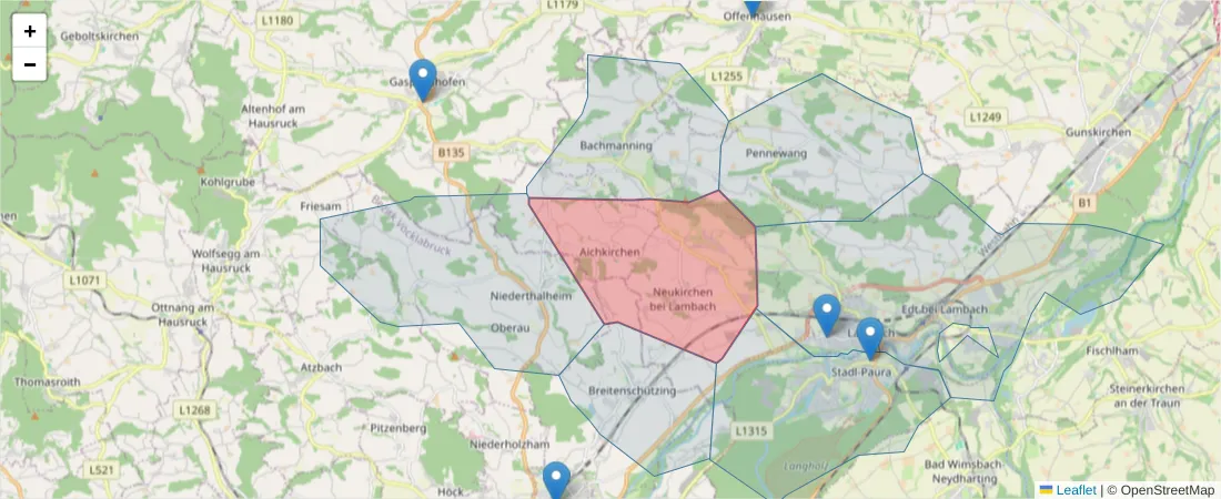 Karte des Postleitzahlen Bereichs  und der umliegenden Postleitzahlen in Deutschland