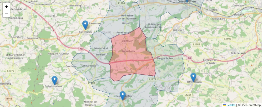 Karte des Postleitzahlen Bereichs  und der umliegenden Postleitzahlen in Deutschland