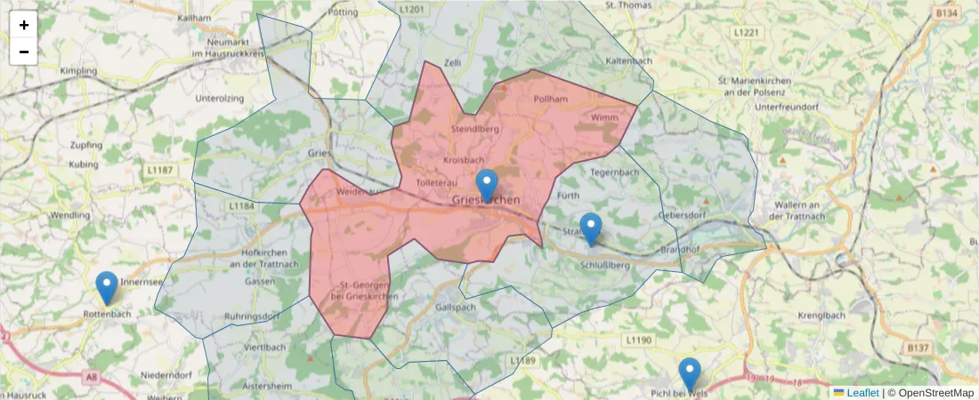 Karte des Postleitzahlen Bereichs  und der umliegenden Postleitzahlen in Deutschland