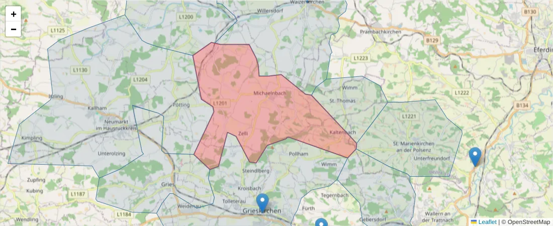 Karte des Postleitzahlen Bereichs  und der umliegenden Postleitzahlen in Deutschland