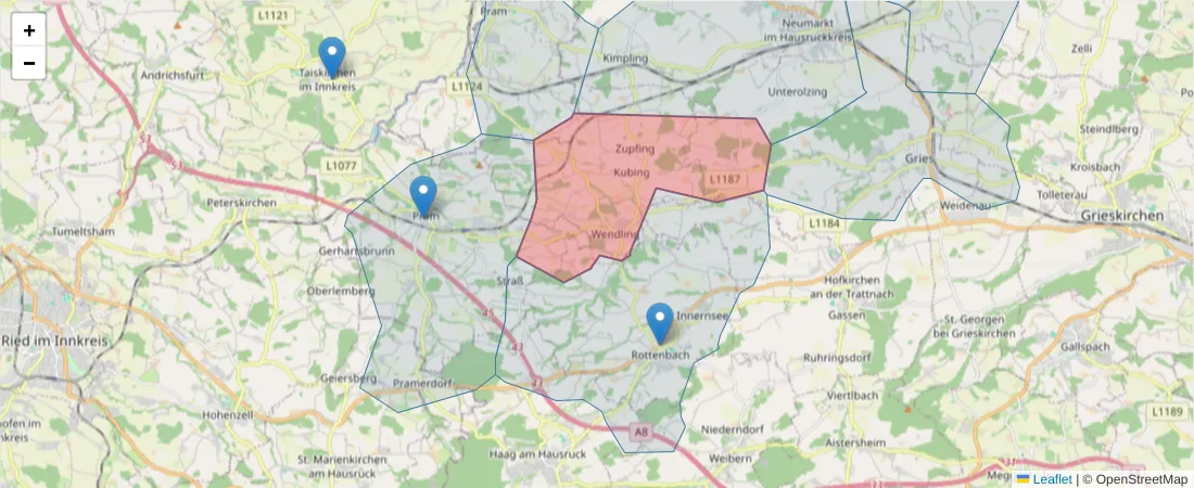Karte des Postleitzahlen Bereichs  und der umliegenden Postleitzahlen in Deutschland