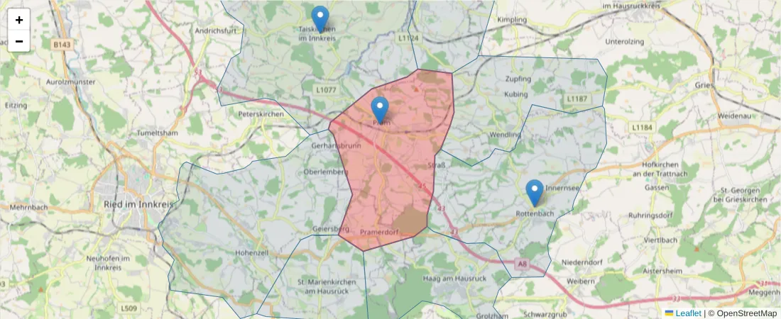 Karte des Postleitzahlen Bereichs  und der umliegenden Postleitzahlen in Deutschland
