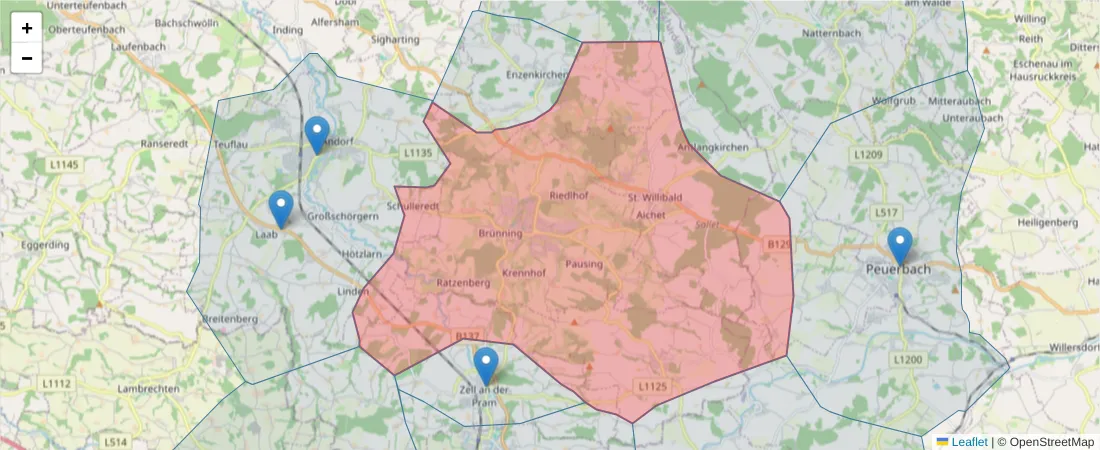 Karte des Postleitzahlen Bereichs  und der umliegenden Postleitzahlen in Deutschland