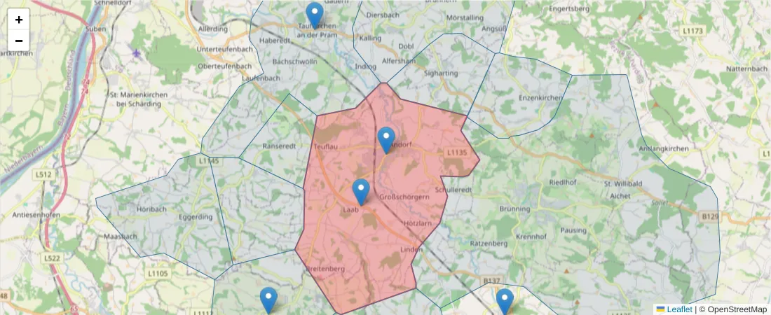 Karte des Postleitzahlen Bereichs  und der umliegenden Postleitzahlen in Deutschland