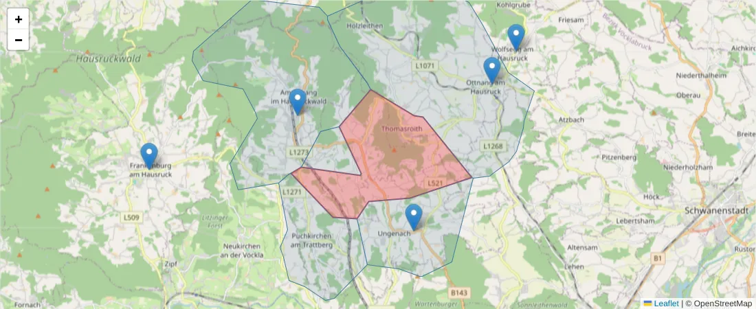 Karte des Postleitzahlen Bereichs  und der umliegenden Postleitzahlen in Deutschland