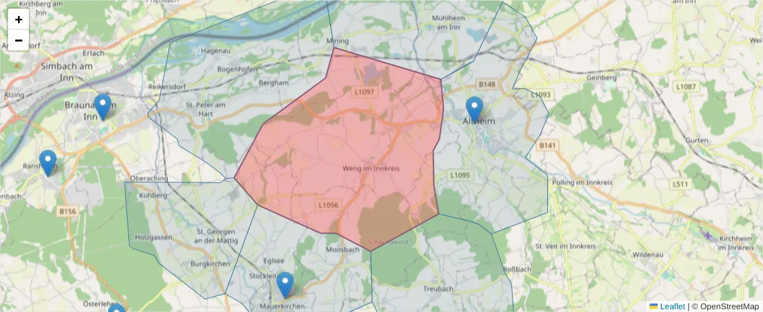 Karte des Postleitzahlen Bereichs  und der umliegenden Postleitzahlen in Deutschland