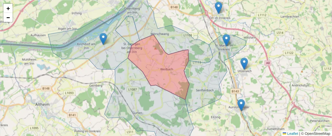 Karte des Postleitzahlen Bereichs  und der umliegenden Postleitzahlen in Deutschland