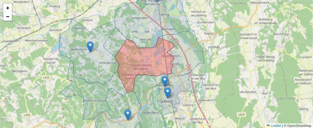 Karte des Postleitzahlen Bereichs  und der umliegenden Postleitzahlen in Deutschland