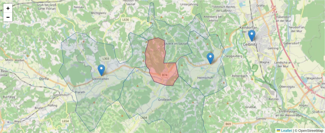 Karte des Postleitzahlen Bereichs  und der umliegenden Postleitzahlen in Deutschland