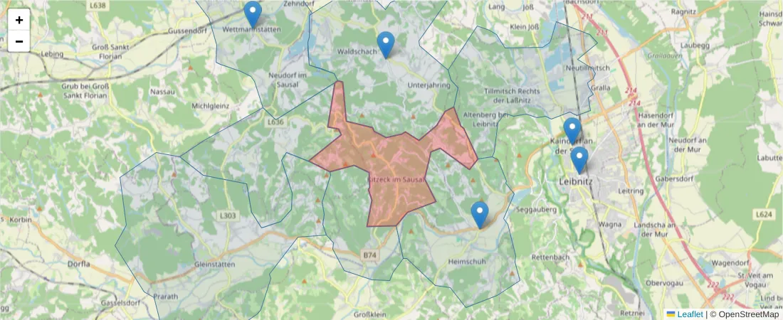 Karte des Postleitzahlen Bereichs  und der umliegenden Postleitzahlen in Deutschland