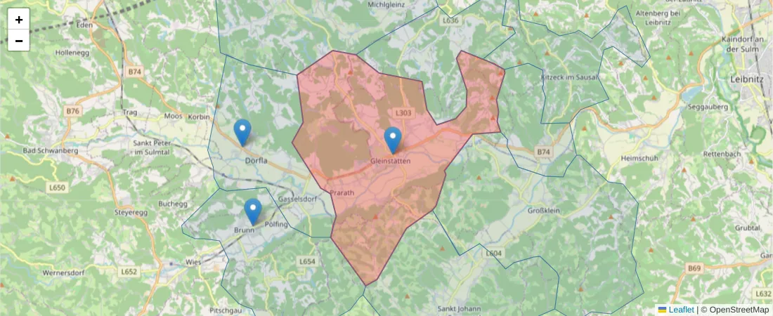 Karte des Postleitzahlen Bereichs  und der umliegenden Postleitzahlen in Deutschland