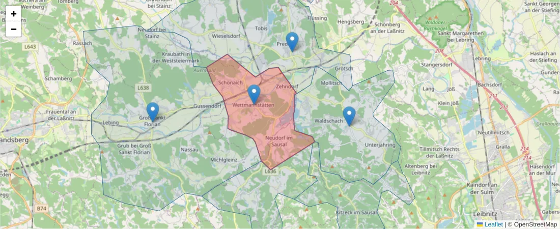 Karte des Postleitzahlen Bereichs  und der umliegenden Postleitzahlen in Deutschland