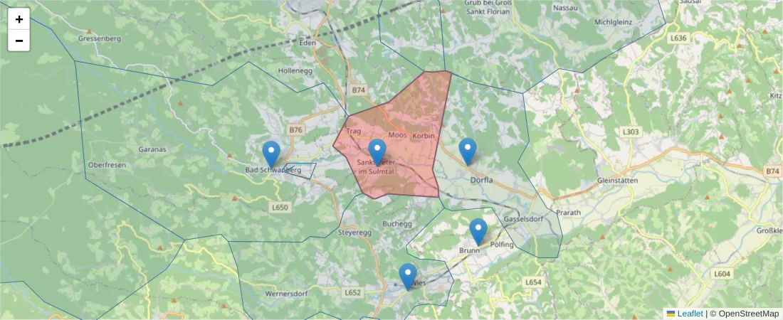 Karte des Postleitzahlen Bereichs  und der umliegenden Postleitzahlen in Deutschland