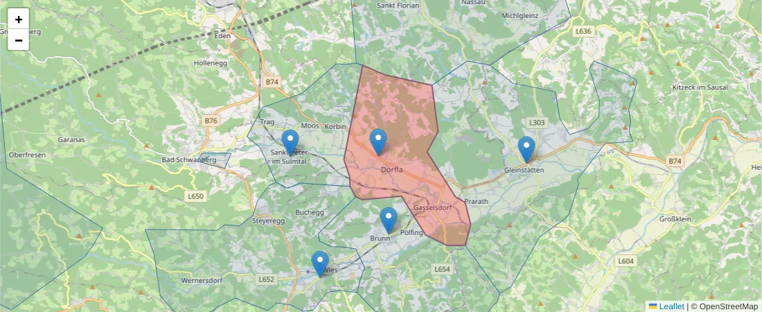 Karte des Postleitzahlen Bereichs  und der umliegenden Postleitzahlen in Deutschland