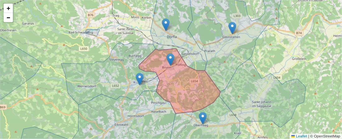Karte des Postleitzahlen Bereichs  und der umliegenden Postleitzahlen in Deutschland