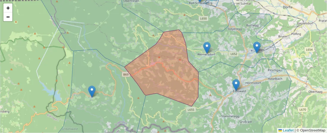 Karte des Postleitzahlen Bereichs  und der umliegenden Postleitzahlen in Deutschland
