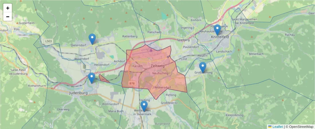 Karte des Postleitzahlen Bereichs  und der umliegenden Postleitzahlen in Deutschland