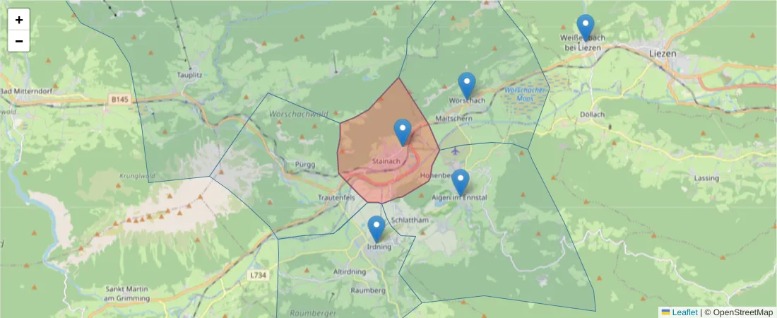 Karte des Postleitzahlen Bereichs  und der umliegenden Postleitzahlen in Deutschland