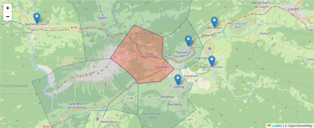 Karte des Postleitzahlen Bereichs  und der umliegenden Postleitzahlen in Deutschland