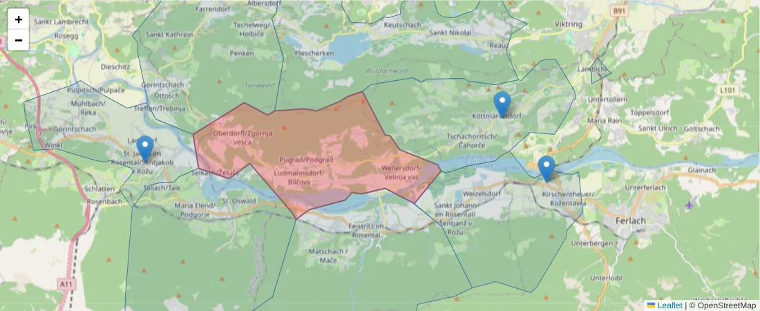Karte des Postleitzahlen Bereichs  und der umliegenden Postleitzahlen in Deutschland