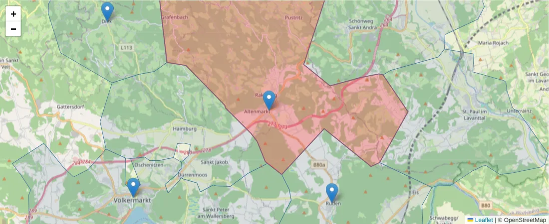 Karte des Postleitzahlen Bereichs  und der umliegenden Postleitzahlen in Deutschland