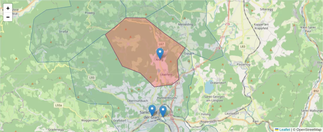 Karte des Postleitzahlen Bereichs  und der umliegenden Postleitzahlen in Deutschland