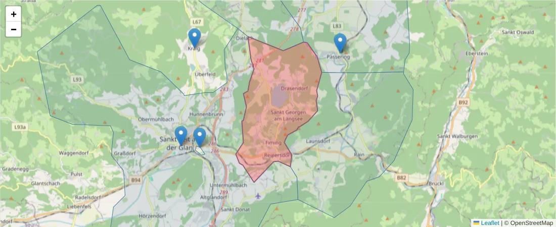 Karte des Postleitzahlen Bereichs  und der umliegenden Postleitzahlen in Deutschland