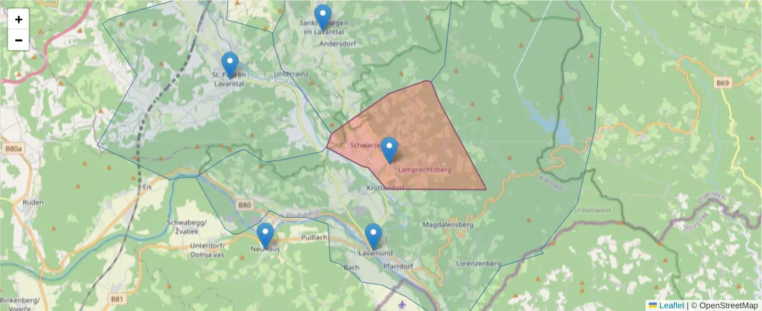 Karte des Postleitzahlen Bereichs  und der umliegenden Postleitzahlen in Deutschland